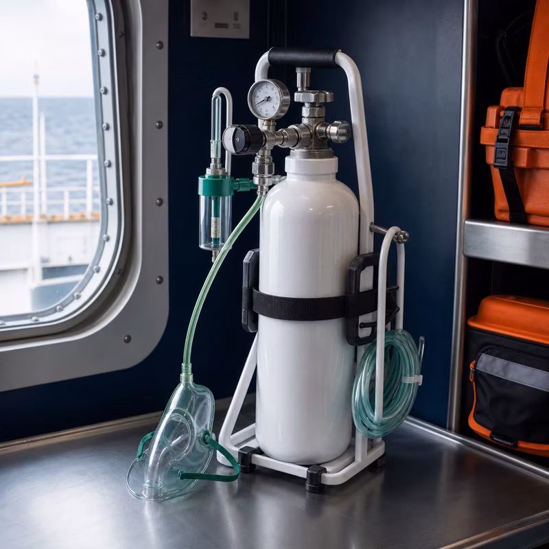 SurviMed marine medical oxygen — SOLAS-certified cylinders with regulator on board