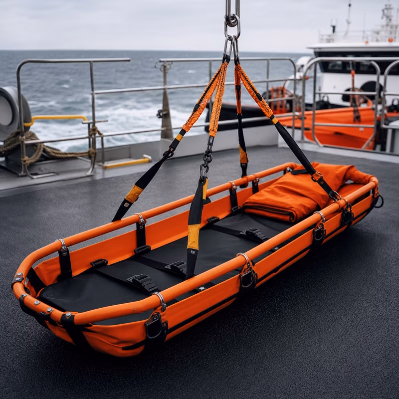 SurviMed MED-B rescue stretcher with helicopter-hoist harness on deck